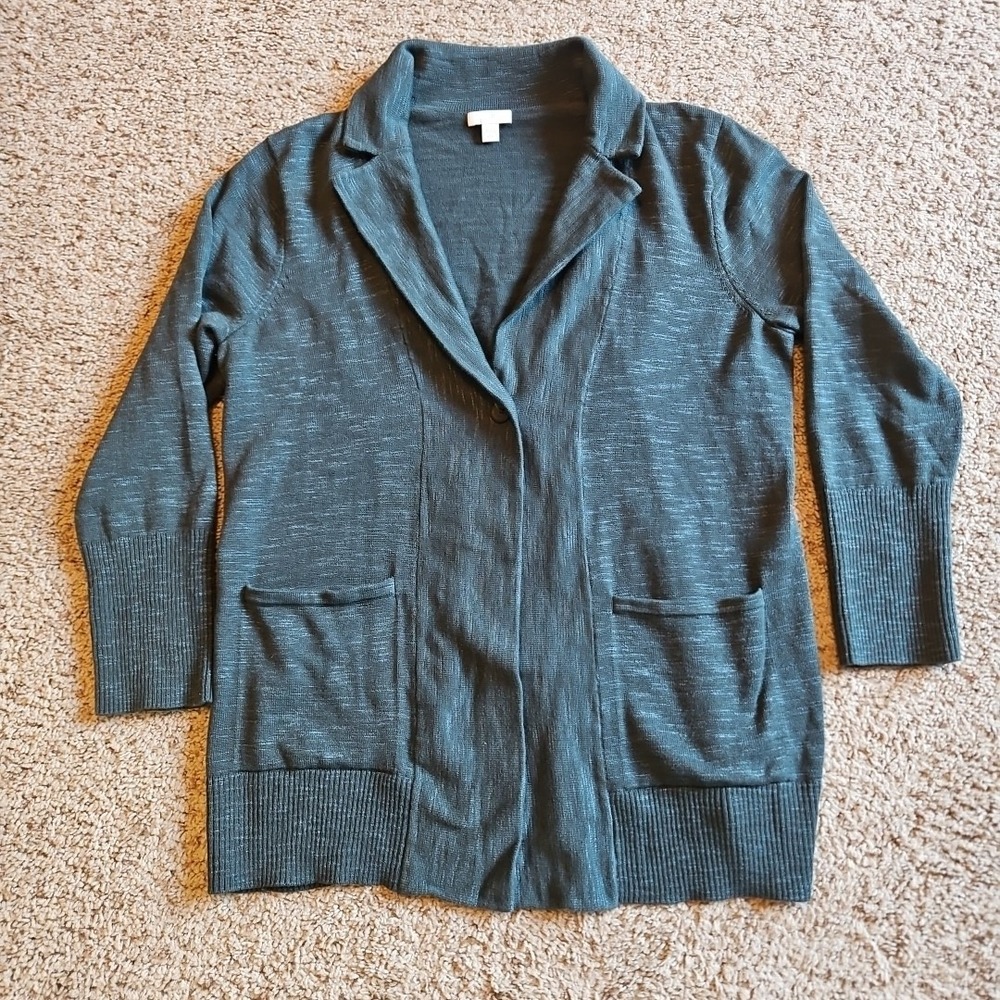 J. Jill Sweater Womens Petite Large Knit Textured 1-Button Cardigan Open Green